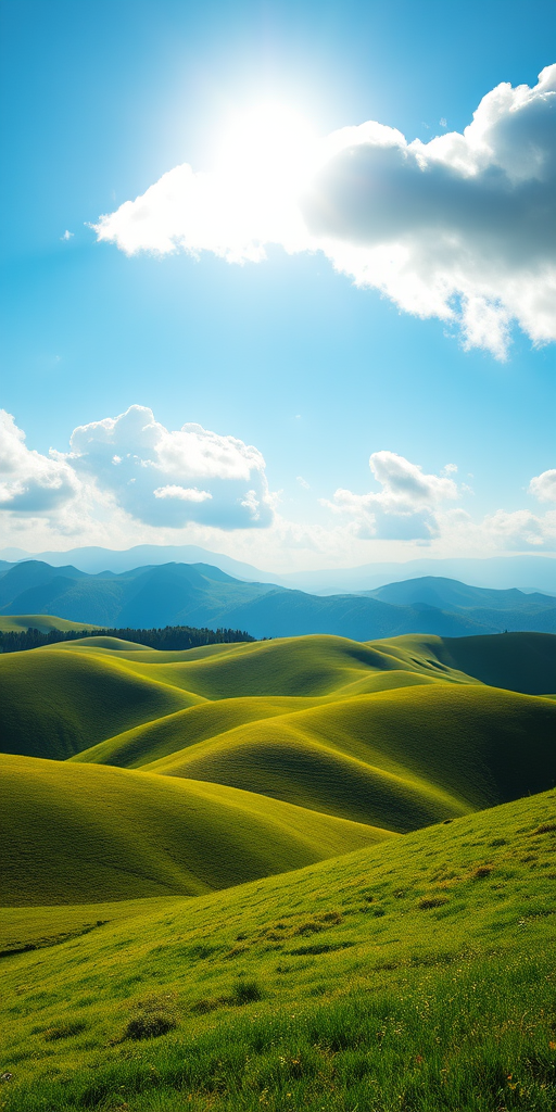 a vibrant landscape featuring rolling green hills, mountains in the background, a bright sun, and fluffy clouds in a clear blue sky, shot with a DSLR camera at f/8 aperture, ISO 100, 24mm focal length, in landscape orientation with soft focus for a dreamy effect