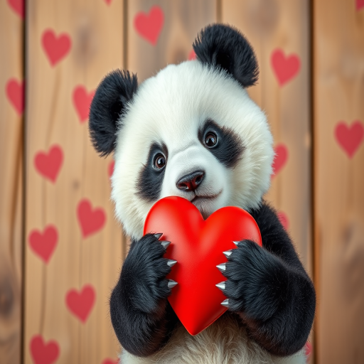 Generate a high-resolution image of a cute panda holding a red heart in front of a wooden background with heart patterns, using a Canon EOS R5 camera, 50mm lens, f/1.8 aperture, ISO 100, with a soft focus and vibrant colors.
