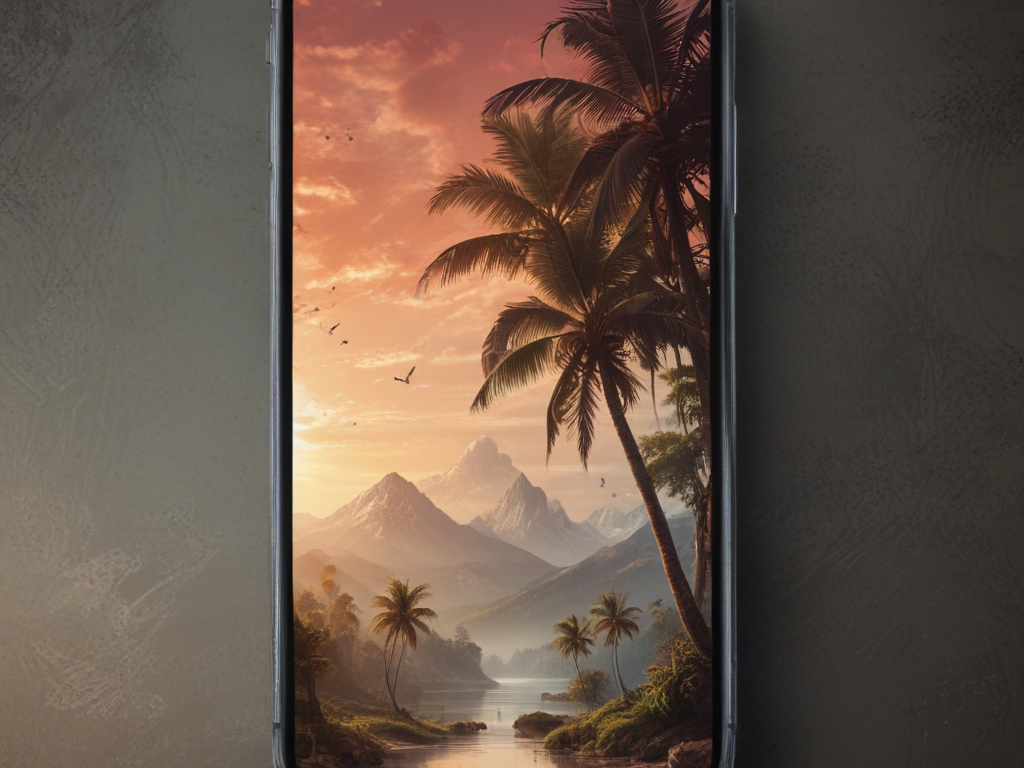Serene Landscape: Majestic Mountains and Lush Palm Trees at Sunset