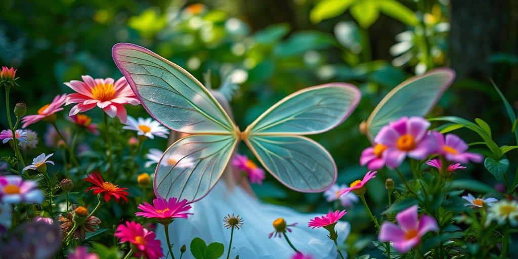 Create an ethereal forest nymph surrounded by vibrant flowers and lush greenery, captured with a DSLR camera at f/2.8 for shallow depth of field, ISO 100, and a 50mm lens to enhance detail and softness in the background, using natural light for a magical glow.