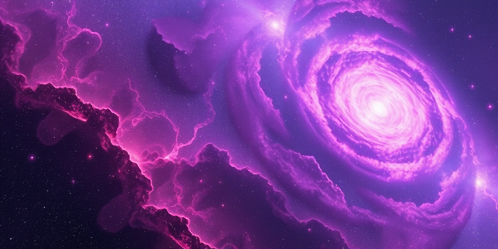 Create a vibrant cosmic abstract image featuring swirling purple and pink galaxies, intricate geometric patterns, and a sense of depth, captured with a DSLR camera at f/8 aperture, ISO 100, 24mm lens, in landscape view with HDR style for enhanced detail and clarity.