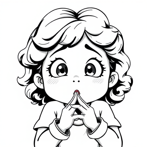 The image is a black and white illustration of a young girl with curly hair. She has a surprised expression on her face with her mouth open and her hands clasped together in front of her chest. Her eyes are wide and her eyebrows are furrowed. Her hair is styled in loose curls that are cascading down her back. The overall mood of the image is one of shock or surprise.