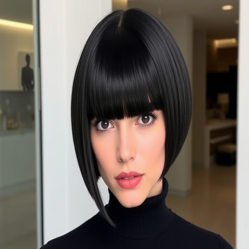 Chic blunt bob in glossy raven black, styled pin-straight with a precise middle part, exuding minimalist elegance and sleek sophistication