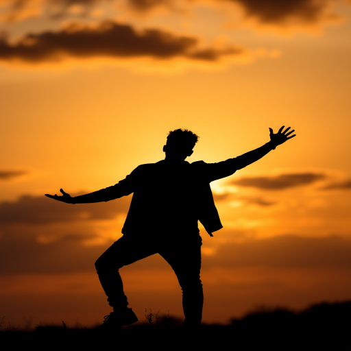 Generate a high-resolution silhouette of a person in a dynamic pose against a colorful sunset, using a DSLR camera with a 50mm lens, aperture f/1.8, ISO 100, shot at a 1/200s shutter speed, in portrait orientation with a shallow depth of field.