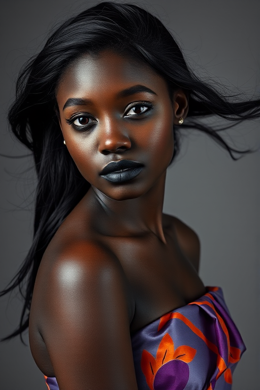Photographic image of a beautiful young Kikuyu woman, red eyes, lips with black lipstick, long hair fluttering in the wind and wearing a silk strapless dress with a soft purple and orange print. monochrome image with only color highlights in the iris of the eyes, lipstick and dress. Gray background.