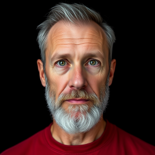 Create a high-resolution digital illustration of a middle-aged man with a gray beard and green eyes, wearing a red shirt, captured with a Canon EOS R5 at f/2.8, ISO 100, 50mm lens, in a studio setting with soft lighting and a plain black background.