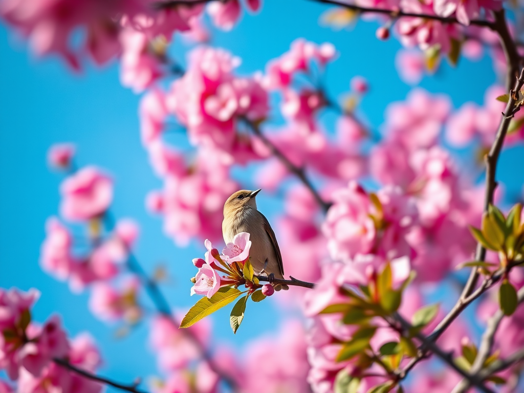 Capture a serene scene of a bird perched among vibrant pink cherry blossoms under a bright blue sky, with a shallow depth of field, using a Canon EOS R5 with a 85mm f/1.4 lens, ISO 100, shutter speed 1/1000 sec, aperture f/2.8, natural soft lighting, and a focus on the bird while softly blurring the background.