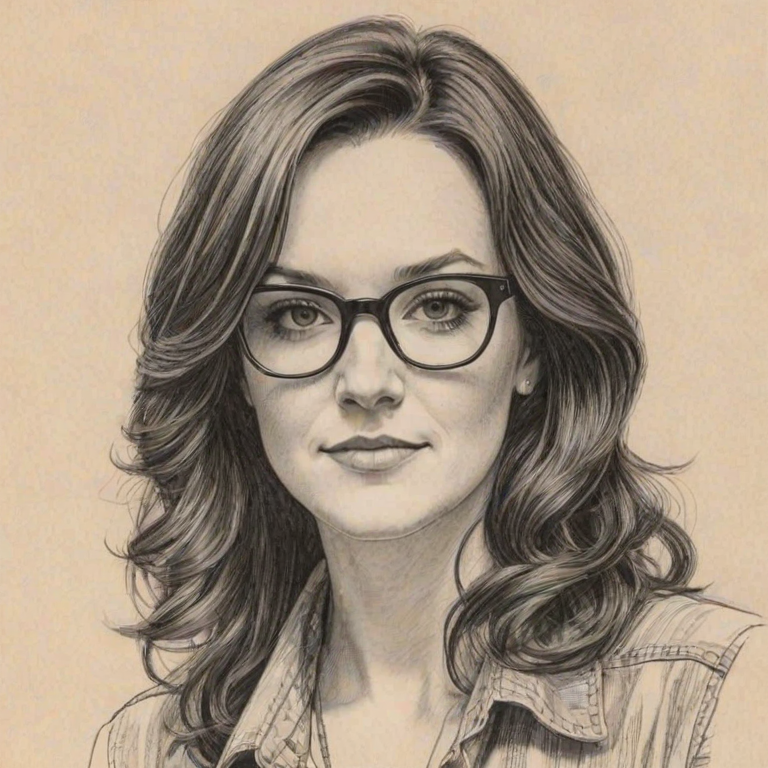 Graceful Brandy Clark, pencil sketch, portrait of Delightful woman 1974s in glasses, hair style beatnik, outline, clear lines, fine lines, 8k