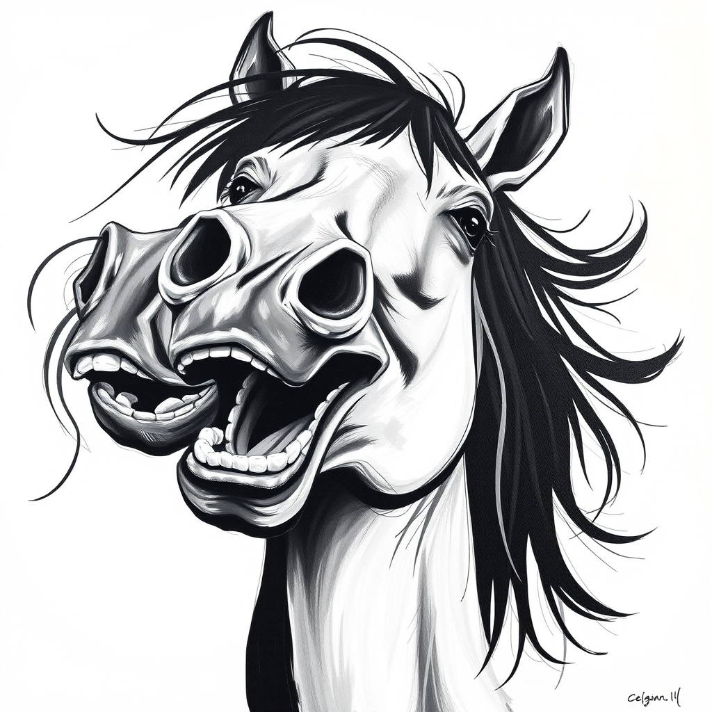 Abstract black and white acrylic portrait of an over exaggerated laughing (horse). Minimalism style. White background.