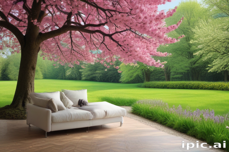 Serene Indoor Space Overlooking a Lush Garden with Cherry Blossom Tree