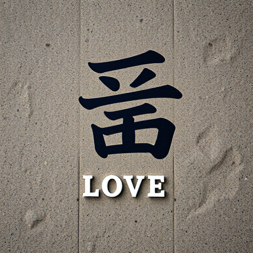 Create a close-up image of a textured stone background featuring the Chinese character for love in bold black, with the word "LOVE" in white beneath it, using a DSLR camera at f/2.8 aperture, ISO 100, and a 50mm lens for sharp focus and depth of field.