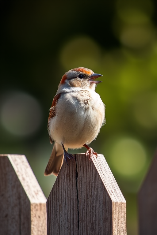 Capture a close-up of a sparrow perched on a wooden fence with a shallow depth of field, using a DSLR camera at f/2.8, ISO 200, 1/500s shutter speed, in natural sunlight with a slight bokeh effect in the background.