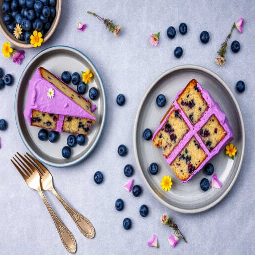 A beautiful display of slices of blueberry cake with purple frosting arranged on gray plates scattered with fresh blueberries and edible flowers, featuring vintage silver forks beside the plates, all set on a textured gray surface.
