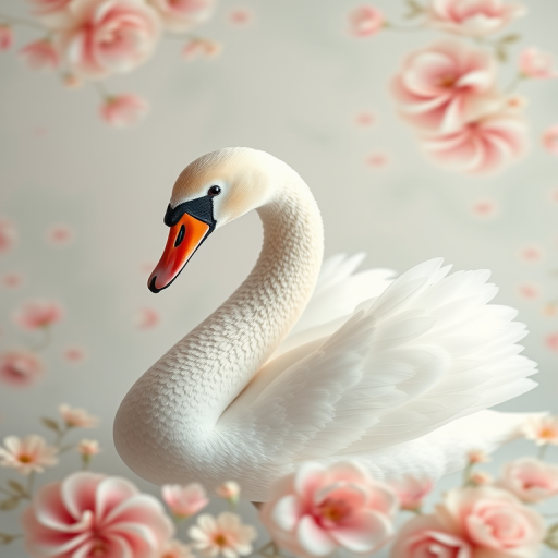Create a pastel background featuring an elegant swan surrounded by floral designs, using a soft focus lens with a shallow depth of field, set the aperture to f/2.8, ISO 100, and shoot in natural light with a slight overexposure for a dreamy effect, captured from a slightly elevated angle using a DSLR camera.