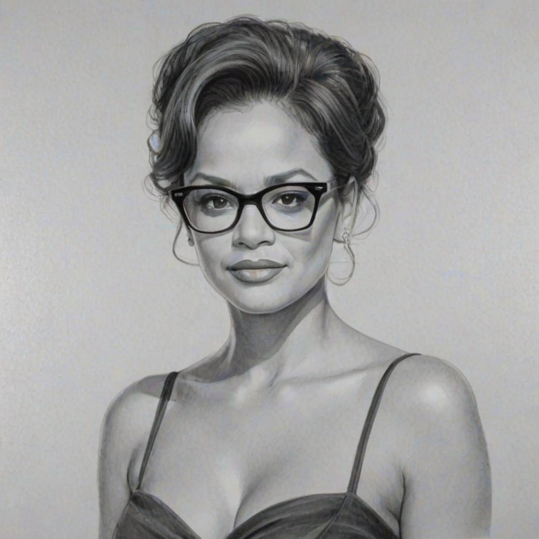 Dazzling Judy Reyes, pencil sketch, portrait of Stunning woman 1956s in glasses, hair style beatnik, outline, clear lines, fine lines, 8k