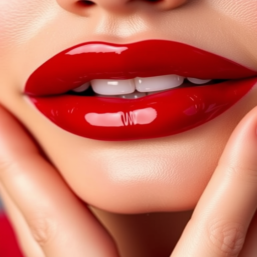 Glossy cherry red lips with a vinyl shine, named "Classic Glam," exude timeless elegance and feature a non-sticky formula for comfortable wear