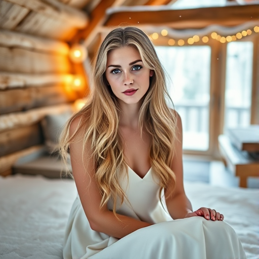 portrait of a woman with long blonde hair wearing a white dress sitting in a snow-covered cabin, soft lighting, snowflakes falling, high-resolution, aperture f/1.8, ISO 100, shutter speed 1/200s, 85mm lens, full-frame DSLR camera, natural light photography
