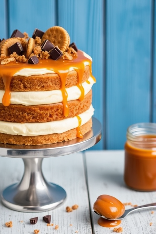 A three-layer cake with a creamy filling topped with caramel sauce and garnished with chocolate pieces and cookie crumbs on a silver cake stand with a blue wooden background and a jar of caramel sauce beside it.