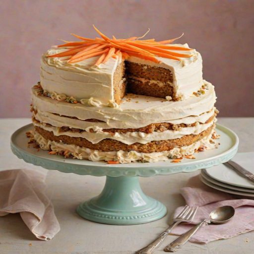 Create an image of a beautifully layered carrot cake with cream cheese frosting. The cake should have a smooth, decorative icing on the top and sides, and a slice should be cut out to show the moist, colorful layers inside. Place the cake on a simple, elegant cake stand, and include a light, pastel background to enhance the presentation.