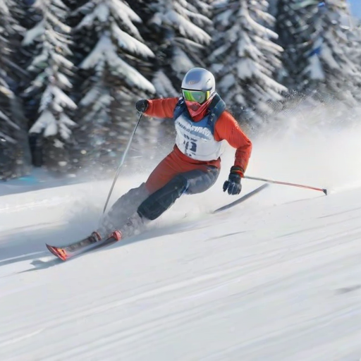 Blurry action shot of a skier racing down a snowy slope, soft focus on the distant snow-covered trees, with a feeling of speed and adrenaline filling the air.