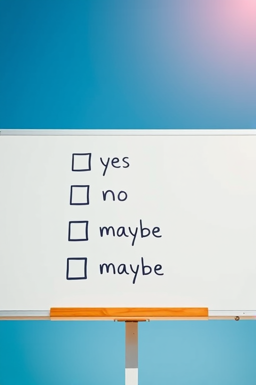Create an image of a whiteboard with three checkboxes labeled "yes," "no," and "maybe," with the "maybe" checkbox checked, in a bright blue sky background, shot with a DSLR camera, using a 50mm lens, at f/2.8 aperture, ISO 100, and a slight vignette effect for emphasis.