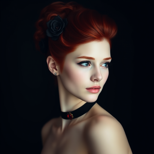 A young woman with bright red hair styled in a voluminous updo adorned with black floral accents, wearing a black choker with a large red gemstone pendant, looks off to the side with a slightly pensive expression, her face softly lit against a dark background.  The image is composed as a portrait, shot from a close-up perspective, with the subject filling most of the frame.  The woman's skin appears fair and flawless, with a subtle glow.  The overall atmosphere is elegant and slightly dramatic.