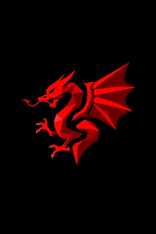Create a vibrant geometric red dragon logo with sharp triangular shapes on a black background, using a digital camera with a focal length of 35mm, aperture set at f/8, ISO 100, and a macro lens effect for enhanced detail.