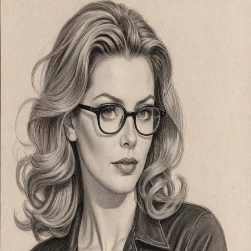 Bewitching Diora Baird, pencil sketch, portrait of Pleasing woman 1948s in glasses, hair style beatnik, outline, clear lines, fine lines, 8k