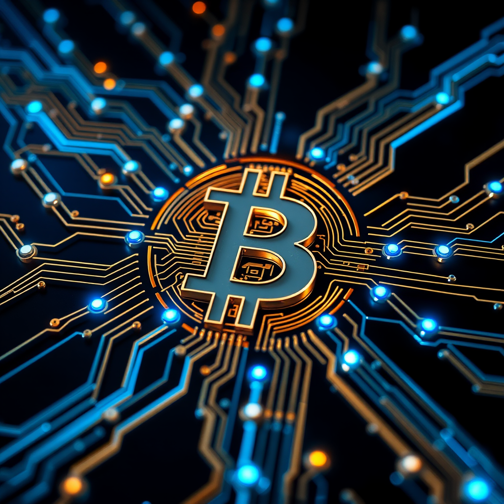 Imagine a Bitcoin symbol (₿) intricately designed as part of a futuristic, glowing circuit board. The ₿ is central, composed of metallic gold and silver lines, seamlessly blending into the web of circuits surrounding it. Blue and green LED-style lights trace through the circuits, making it look like Bitcoin is powering a digital network. The background is dark, with neon accents highlighting the tech vibe, symbolizing the digital and decentralized nature of Bitcoin