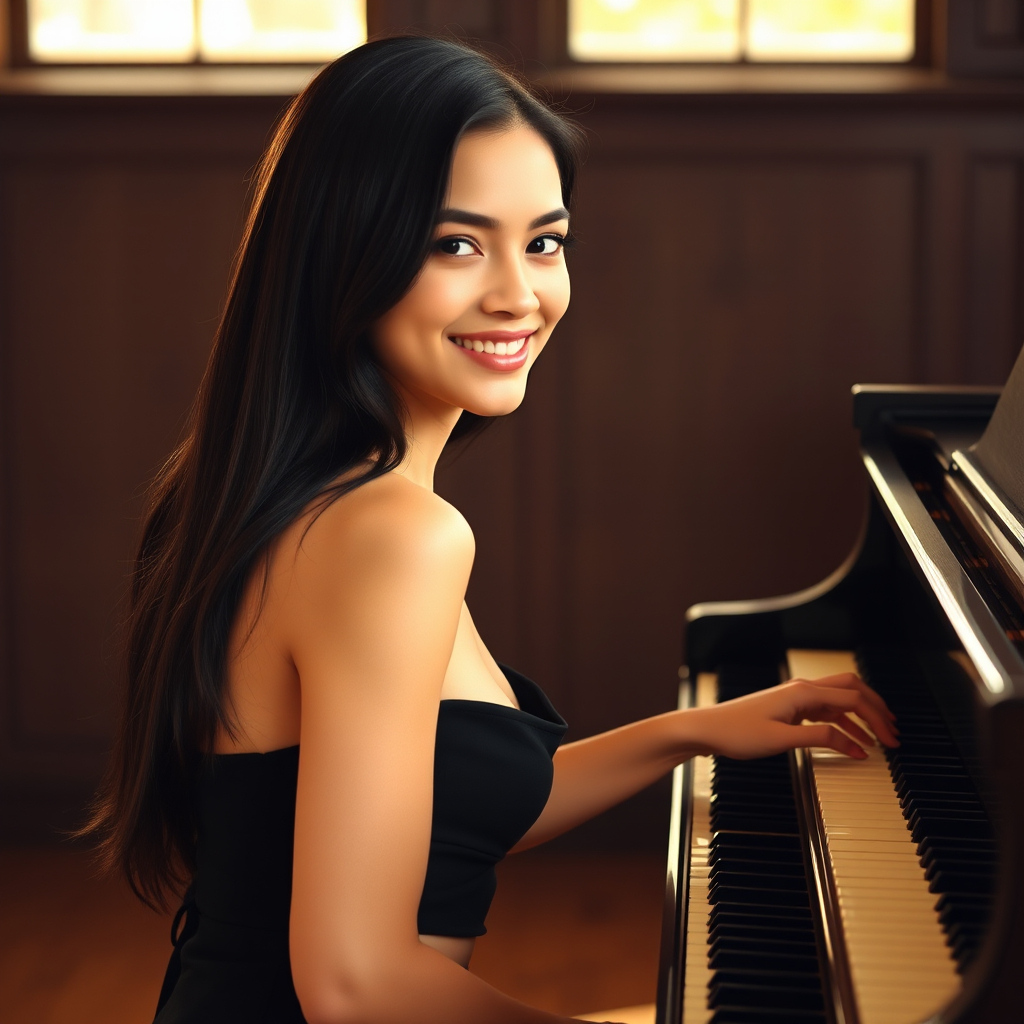 A young woman with long, dark hair smiles at the viewer as she sits at a grand piano, her right hand poised over the keys. The scene is lit by warm, natural light, highlighting the elegant simplicity of the woman's black dress. The perspective is from the side, emphasizing the contrast between the woman's delicate form and the grand scale of the piano. The ivory keys and dark wood of the piano create a striking visual contrast, further emphasized by the rich black of her dress.