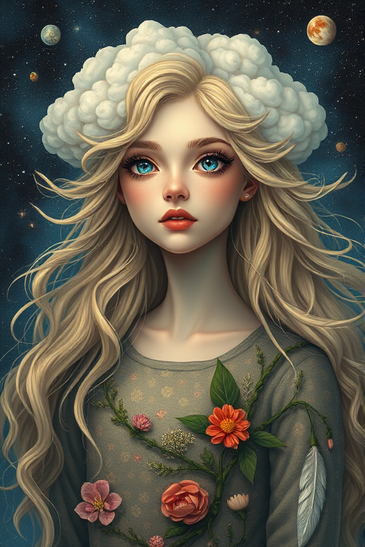 Create a series of imaginative portraits where each subject is infused with elements of fantasy and nature. The hair of the individuals should flow like clouds, varying from soft, fluffy cumulus to wispy cirrus strands, with hints of color reflecting a sunset or a clear blue sky. The eyes should be windows to entire galaxies, with stars, nebulae, and distant planets visible within them. Clothing should be adorned with nature motifs, such as floral patterns that bloom and change, vines that seem to grow and wrap around, or feathers that shimmer with iridescence. Each portrait should capture a unique personality, blending human features with the ethereal beauty of the natural and cosmic world. The backgrounds can vary, from starry night skies to enchanted forests, adding depth and context to the magical realism of the portraits