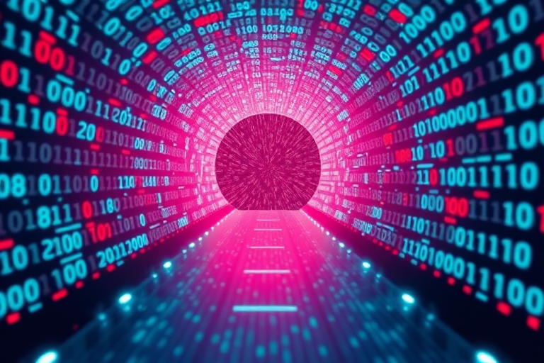 Create a 3D digital tunnel of glowing binary code with a deep perspective, using a 24mm lens, f/2.8 aperture, ISO 100, shot from a low angle, with a futuristic cyberpunk style to enhance vibrancy and depth.