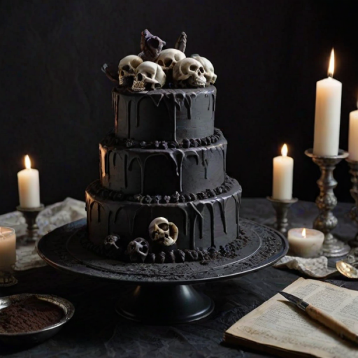 Create an image of a dark, gothic-themed cake. The cake should be chocolate with a smooth frosting, topped with decorative skulls made of fondant or chocolate. Place the cake on an elegant, vintage-style cake stand. The background should have a moody atmosphere with dim lighting, featuring items like candles, an old book, and some rustic textures.