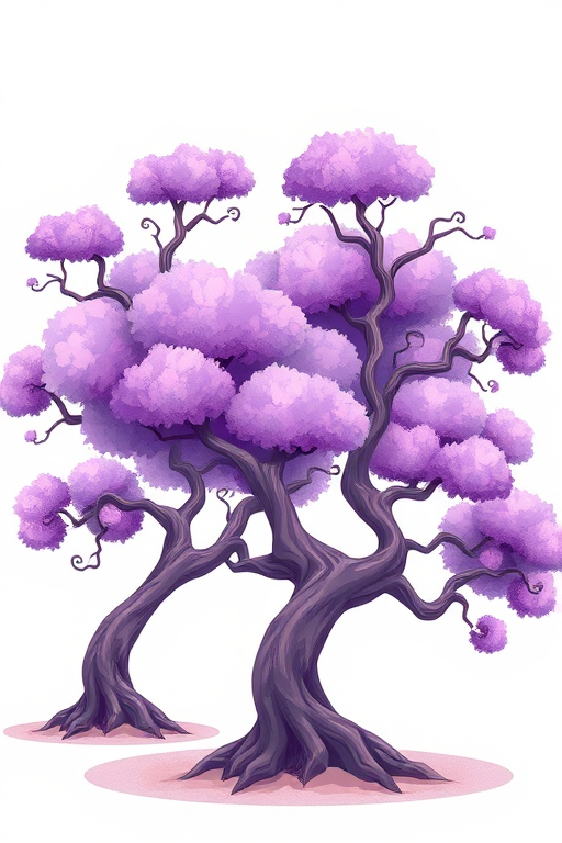 A whimsical illustration of two large, purple, fluffy trees with twisting branches on a minimalistic background, captured with a digital camera at f/4.0, 1/125 sec, ISO 100, using a wide-angle lens to enhance depth and color saturation.