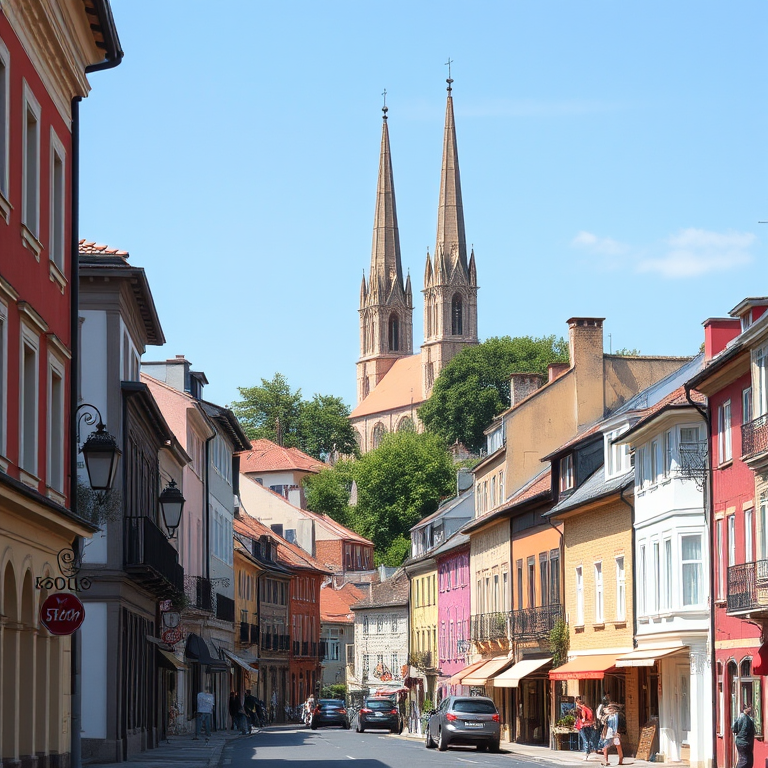 Regenerate a scenic view of a historic town with a tall church steeple in the background, using a DSLR camera with a 24mm lens at f/8, ISO 200, and a shutter speed of 1/250 sec, capturing a vibrant perspective from street level with clear details and bright colors.
