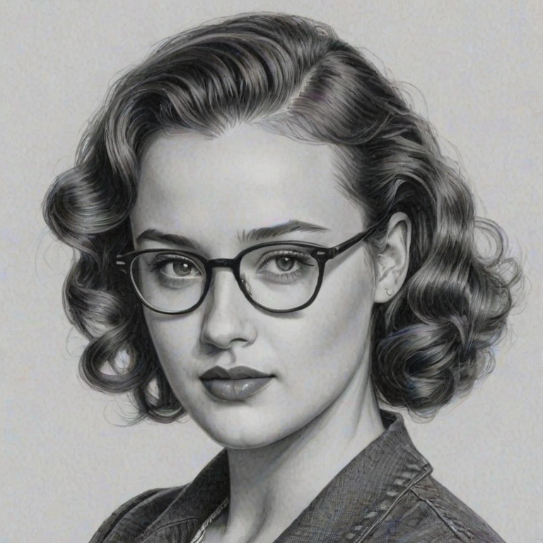 Appealing Katherine Langford, pencil sketch, portrait of Wonderful woman 1935s in glasses, hair style beatnik, outline, clear lines, fine lines, 8k