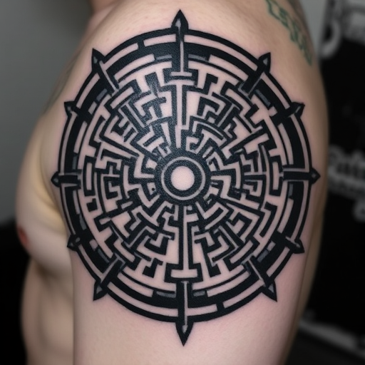 Intricate blackwork tattoo called "Shadow Labyrinth" showcasing a complex maze-like pattern with bold lines and geometric shapes, creating an optical illusion effect that appears to shift and move