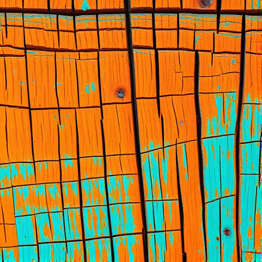 Create a high-resolution close-up image of a textured wooden surface featuring vibrant orange and turquoise colors, using a Canon EOS R5 with a 50mm lens, aperture set to f/2.8, ISO 100, and natural lighting for enhanced detail and color richness.