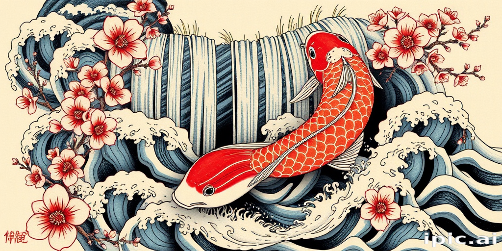 Japanese-inspired irezumi tattoo named "Koi Ascension" with a large, flowing koi fish swimming up a cascading waterfall, surrounded by cherry blossoms and waves, ideal for a full back or sleeve design