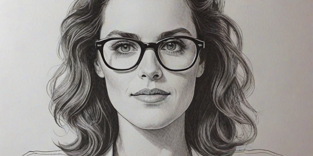 Beauteous Ione Skye, pencil sketch, portrait of Elegant woman 1976s in glasses, hair style beatnik, outline, clear lines, fine lines, 8k