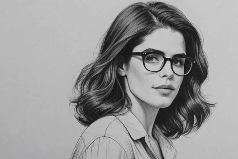 Lovely Karla Souza, pencil sketch, portrait of Dazzling woman 1944s in glasses, hair style beatnik, outline, clear lines, fine lines, 8k
