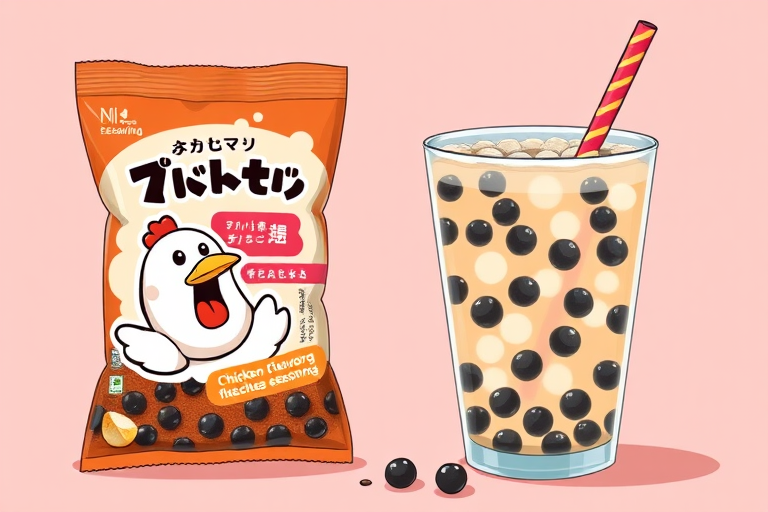Create a vibrant digital illustration of a bag of chicken flavored seasoning with a cartoon chicken on the front, alongside a transparent cup of bubble tea filled with black tapioca pearls and a colorful straw, using a high-resolution digital camera with a 50mm lens, f/2.8 aperture, ISO 100, and natural lighting for clarity and detail.