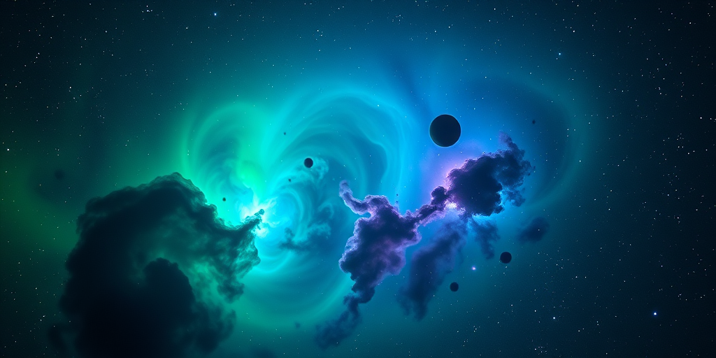 A vibrant nebula in deep space with swirling clouds of green, blue, and purple hues, captured with a Canon EOS R5, 24mm lens, f/2.8 aperture, ISO 800, shot at a long exposure of 30 seconds to enhance star detail and color depth.
