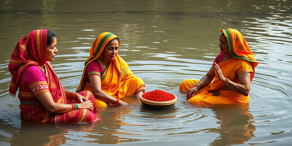 Generate an image of four women in colorful traditional attire sitting in shallow water, engaging in a ritual, with vibrant colors and rich textures, taken with a Canon EOS 5D Mark IV, 50mm lens, f/2.8 aperture, 1/250s shutter speed, and natural outdoor lighting.
