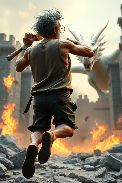 Cartoon 3D High-Resolution,dynamic battle scene using Unreal Engine 5 and Octane Render. The scene features back of an elderly, thai man with a beard,messy hair and round golden-rimmed glasses. He is wearing a tattered tank top with soot marks, shorts, and sandals. sweating. he wields a baseball bat. He jump to fight with a white fire-breathing Europe dragon amidst a partially destroyed stone castle. Include intense flames, smoke, and debris to enhance the dramatic effect.