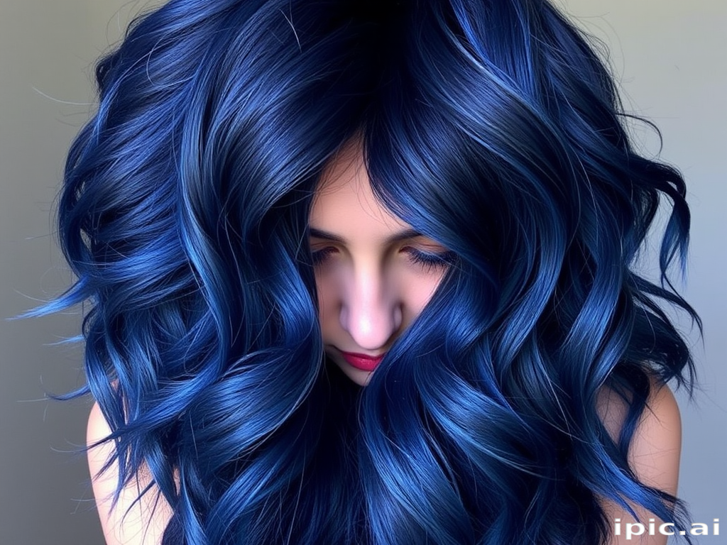 Midnight blue hair styled in voluminous, mermaid-inspired waves embodies the mysterious "Starry Night" look, featuring subtle silver and iridescent highlights that shimmer like distant galaxies, creating a captivating and otherworldly appearance reminiscent of the night sky