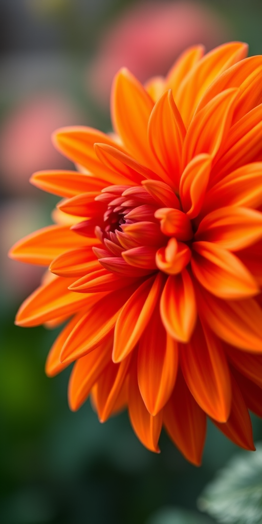 Capture a close-up shot of a vibrant orange dahlia flower with soft background bokeh, using a DSLR camera with a 50mm lens at f/1.8 for shallow depth of field, ISO 200, shutter speed 1/250s, natural lighting to accentuate the petals' texture and colors.