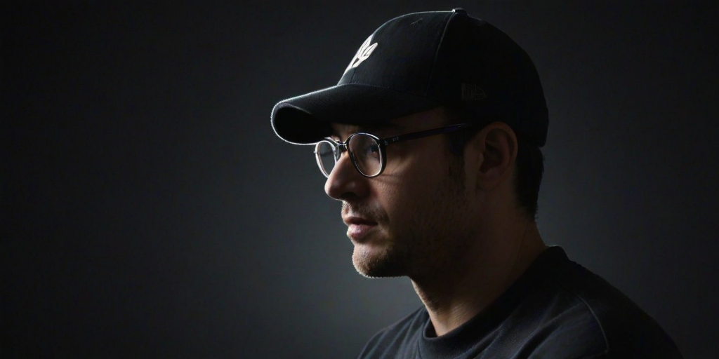 Generate an image of a man wearing a baseball cap and glasses, with a profile view illuminated by a soft light against a dark background.