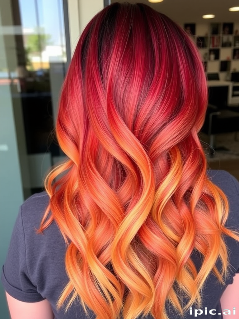 Cascading ombré waves called "Sunset Serenade" transition from deep burgundy roots to fiery orange mid-lengths and golden yellow tips, creating a mesmerizing gradient effect