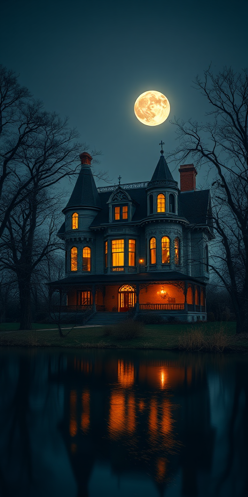 A spooky, illuminated Victorian mansion under a full moon, surrounded by barren trees and a calm reflective pond in the foreground, taken with a DSLR camera, 24mm lens, f/5.6 aperture, ISO 100, long exposure at dusk for enhanced details and vibrant colors.